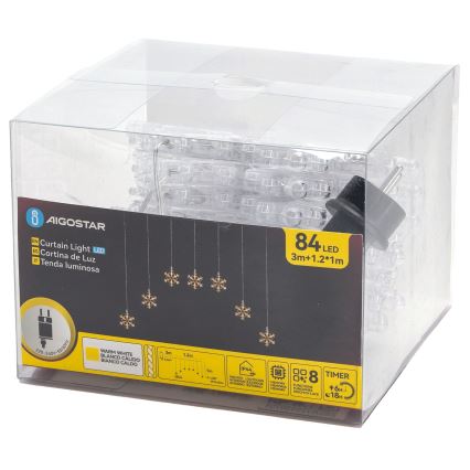 Aigostar - Guirlanda de Natal LED para exterior 84 LEDs/8 funções 1,2 x 1 m IP44 branco quente com flocos de neve