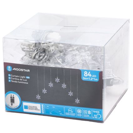 Aigostar - Guirlanda de Natal LED para exterior, 84 LEDs / 8 funções, 1,2 x 1 m, IP44, branco frio, flocos de neve