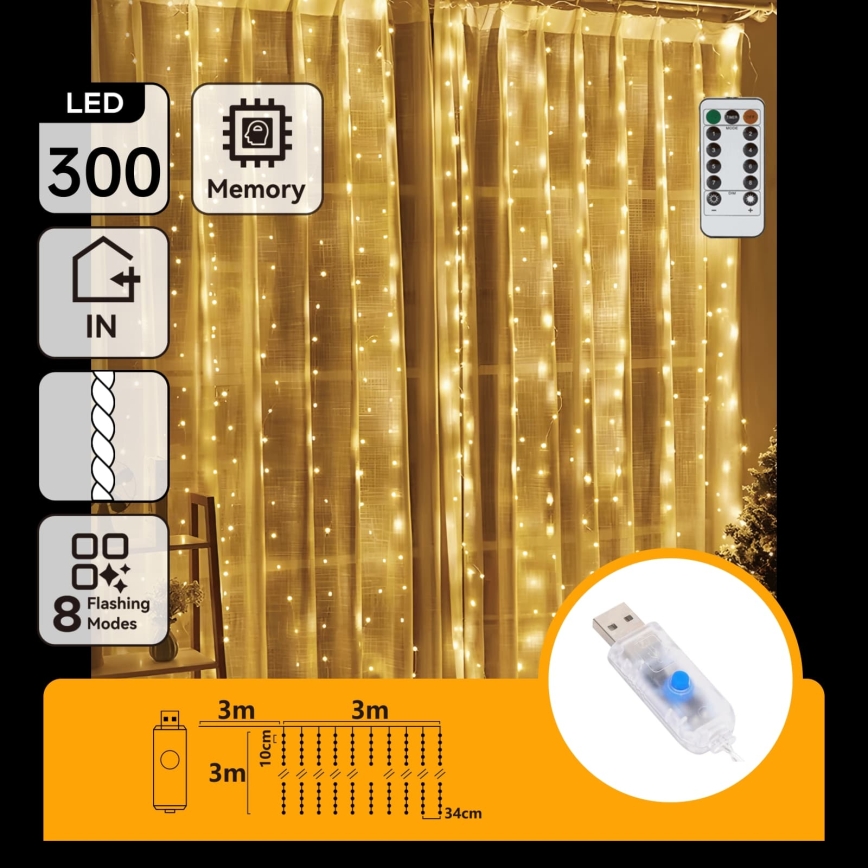 Aigostar - Guirlanda de Natal LED regulável 300 LEDs/8 funções USB 6x3m branco quente + controlo remoto