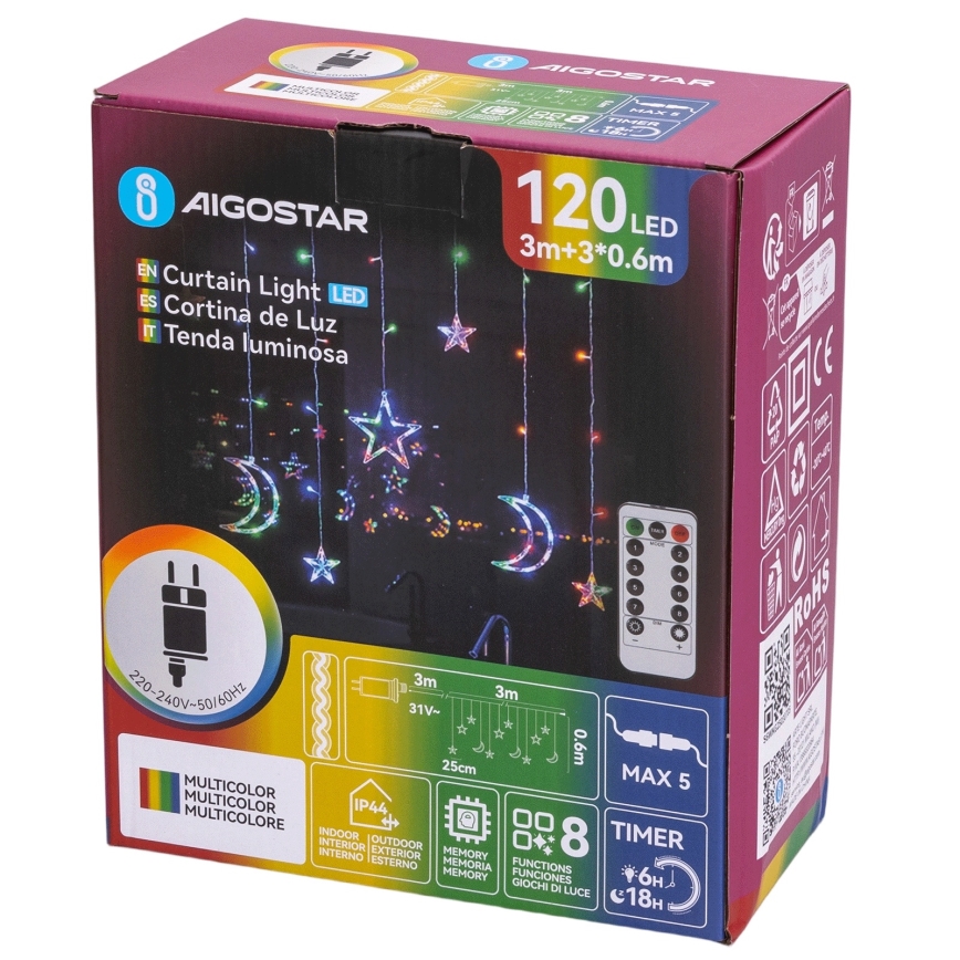 Aigostar - Cordão luminoso LED RGBY para exteriores 120 LEDs/8 funções 3x0,6 m IP44 multicolor + controlo remoto