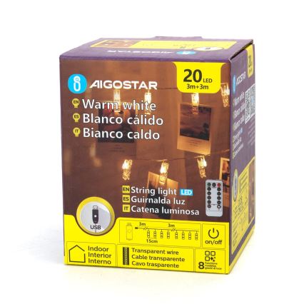 Aigostar - Guirlanda decorativa LED 20xLED/5W/USB 6 m branco quente
