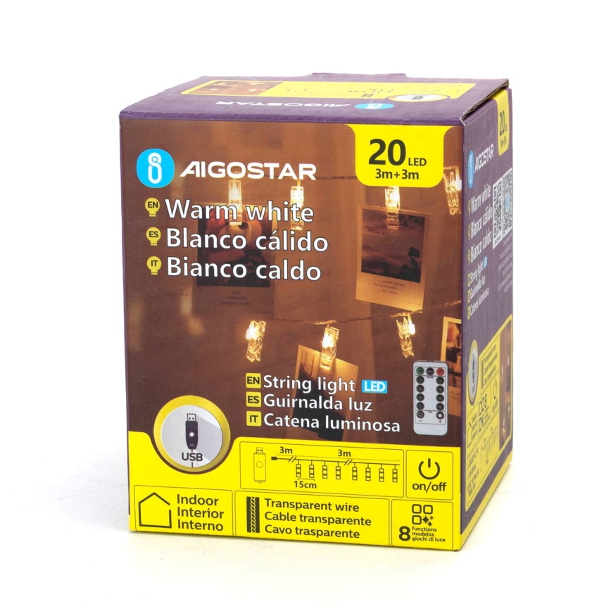 Aigostar - Guirlanda decorativa LED 20xLED/5W/USB 6 m branco quente