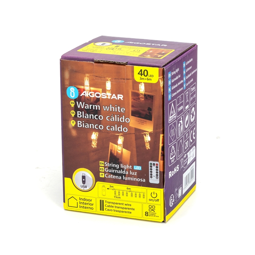 Aigostar - Guirlanda decorativa LED 40xLED/5W/USB 9 m branco quente