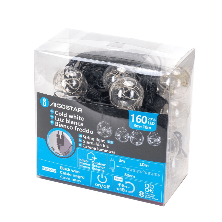 Aigostar - Cordão de luzes LED para exterior, 160 LEDs, 10 m, IP44, branco frio