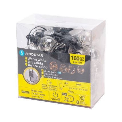 Aigostar - LED Corrente decorativa para exterior 160xLED 10m IP44 branco quente