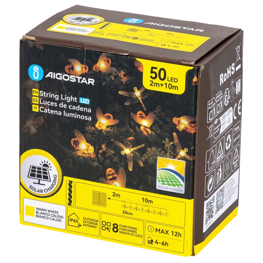 Aigostar - Guirlanda decorativa solar LED 50xLED/8 funções 10 m 800 mAh IP65 branco quente