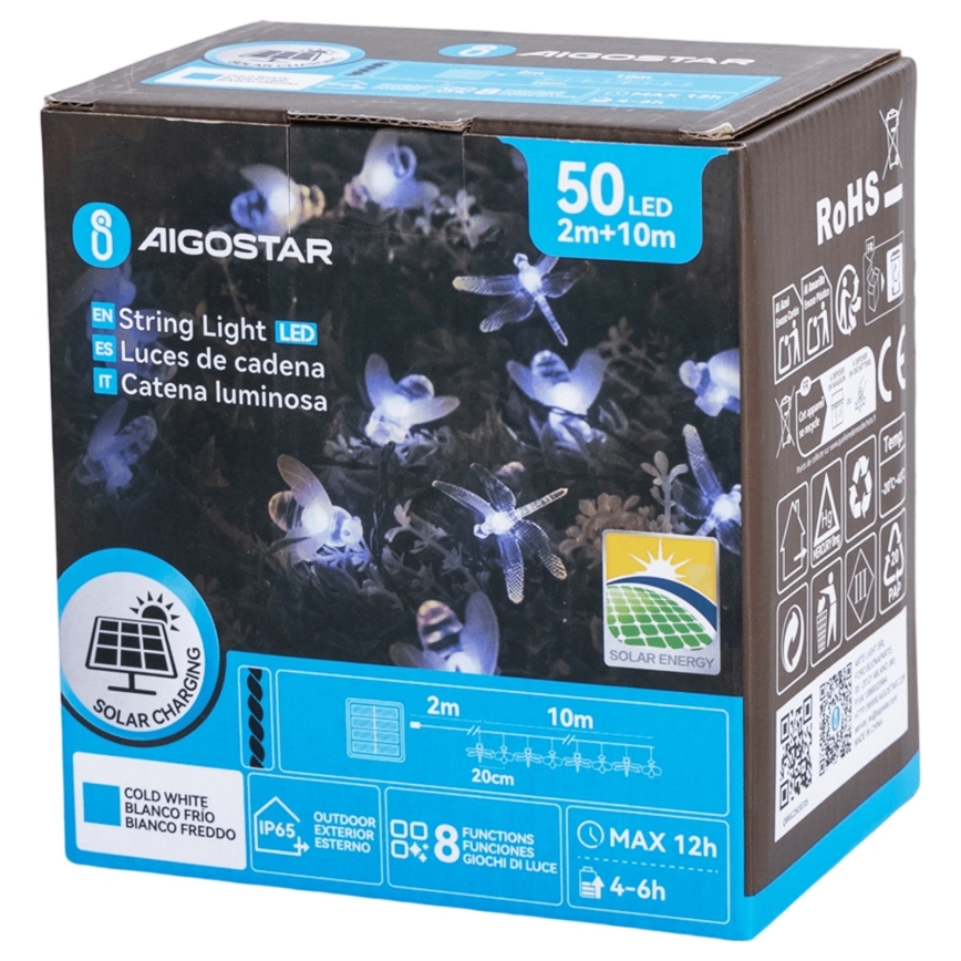 Aigostar - Guirlanda decorativa solar LED, 50 LEDs / 8 funções, 10 m, 800 mAh, IP65, branco frio