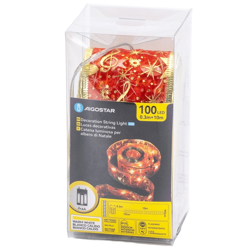 Aigostar - Guirlanda de luzes LED 100 LEDs / 3x pilhas AA, 10 m, branco quente / vermelho