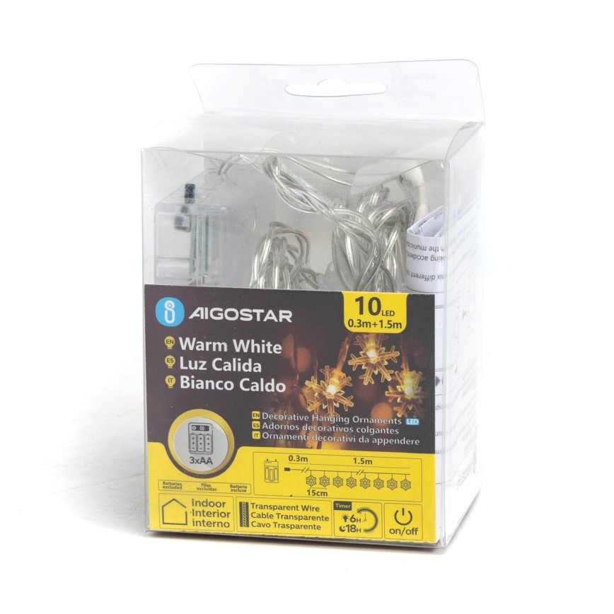 Aigostar - Guirlanda LED 10xLED/3xAA 1,5 m, branco quente, flocos de neve