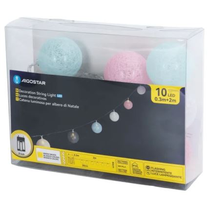 Aigostar - Guirlanda LED 10xLED/3xAA 2m branco quente
