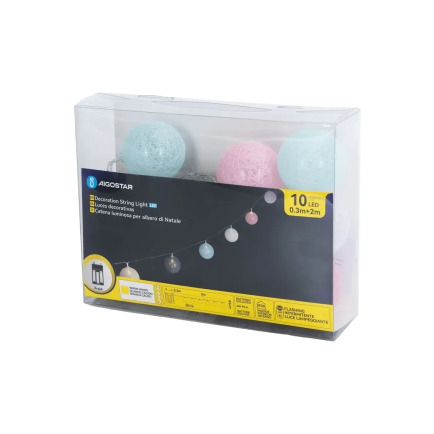 Aigostar - Guirlanda LED 10xLED/3xAA 2m branco quente