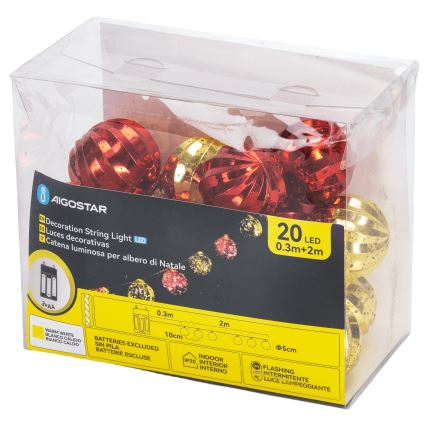 Aigostar - Cordão de luzes LED, 20 LEDs, 3 pilhas AA, 2 m, branco quente