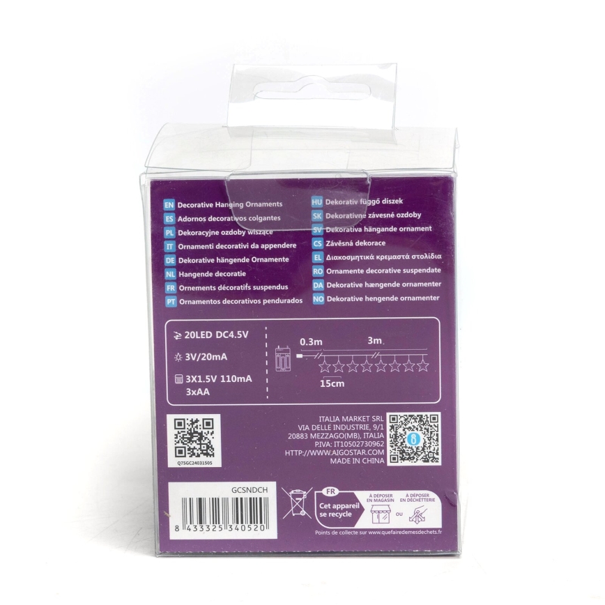 Aigostar - Guirlanda LED 20xLED/3xAA 3,3m com estrelas