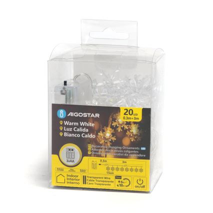 Aigostar - Guirlanda LED 20xLED/3xAA 3,3m com flocos de neve