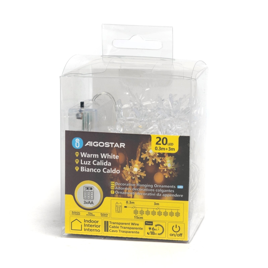 Aigostar - Guirlanda LED 20xLED/3xAA 3,3m com flocos de neve