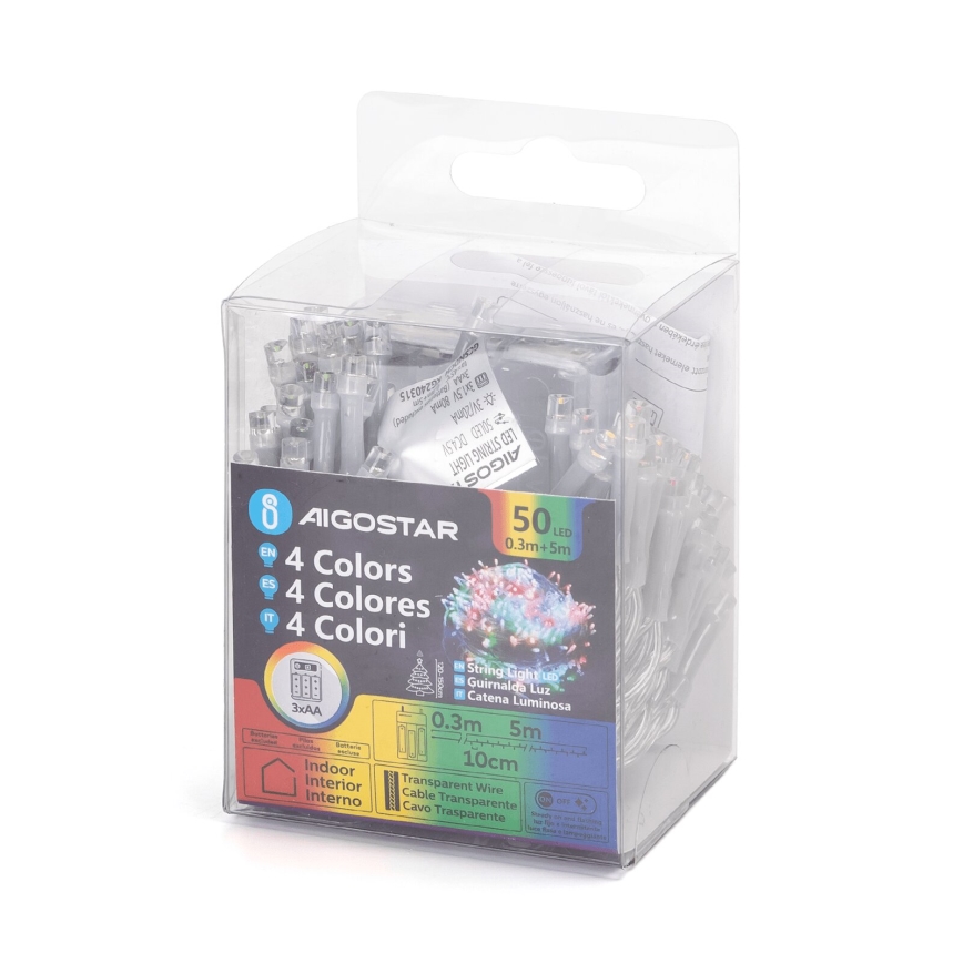 Aigostar - Guirlanda LED 50 LEDs/3xAA 5,3m multicolorido