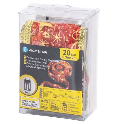 Aigostar - Cordão de Natal LED, 20 LEDs, 3xAA, 2 m, branco quente e vermelho