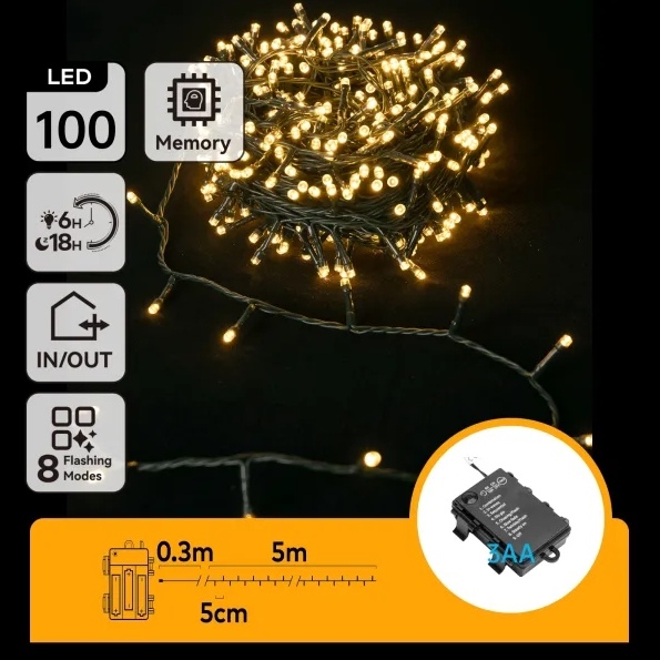 Aigostar - Guirlanda LED de Natal para exterior, 100 LEDs, 8 funções, 3xAA, 5,3 m, IP44, branco quente