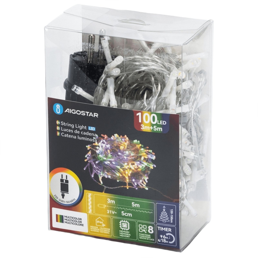 Aigostar - Guirlanda LED de Natal para exterior 100 LEDs/8 funções 5,3 m IP44 multicolorido