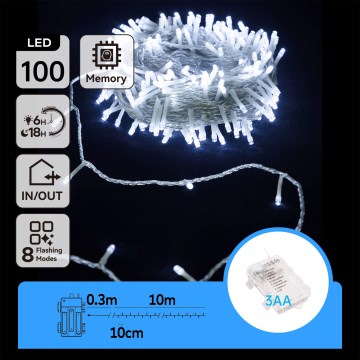 Aigostar - Guirlanda LED de Natal para exterior 100xLED/8 funções/3xAA 10,3m IP44 branca fria