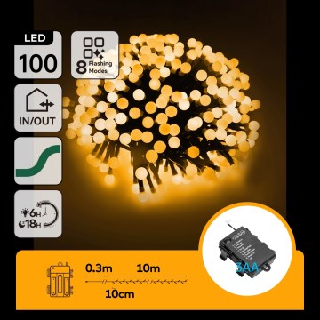 Aigostar - Guirlanda LED de Natal para exterior 100xLED/8 funções 3xAA 10,3m IP44 branco quente