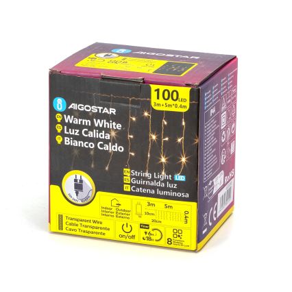 Aigostar - Guirlanda LED de Natal para exterior 100xLED/8 funções 8x0,4m IP44 branco quente