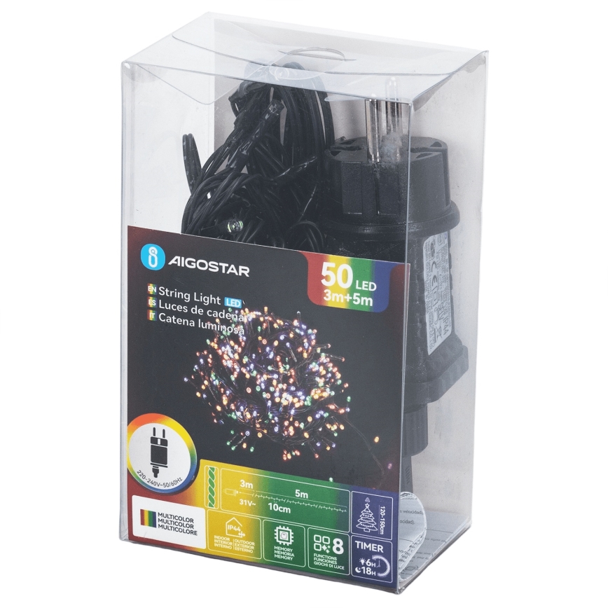 Aigostar - Guirlanda LED de Natal para exterior 50 LEDs/8 funções, 8 m, IP44, multicolorido