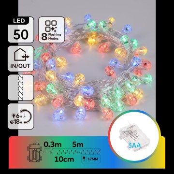 Aigostar - Guirlanda LED de Natal para exterior 50xLED/8 funções 3xAA 5,3m IP44 multicolorido