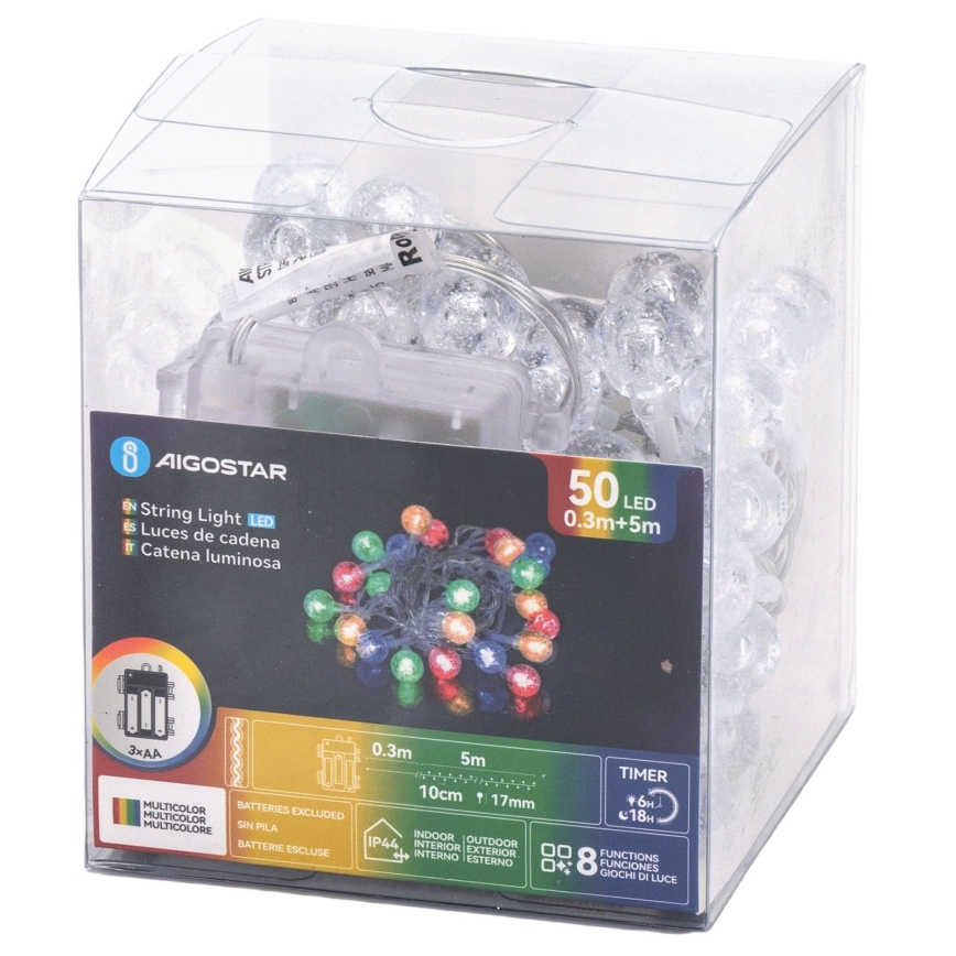 Aigostar - Guirlanda LED de Natal para exterior 50xLED/8 funções 3xAA 5,3m IP44 multicolorido