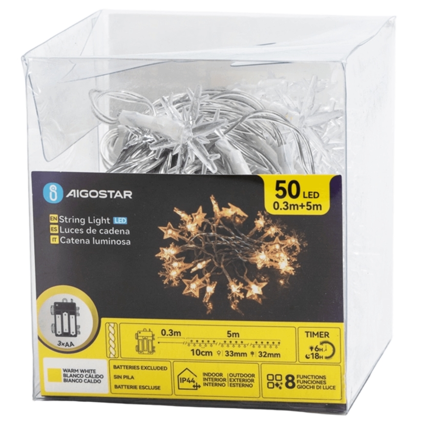 Aigostar - Luzes de Natal LED para exterior 50xLED/8 funções 3xAA 5m IP44 branco quente estrelas
