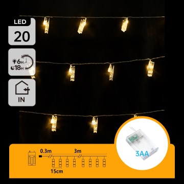 Aigostar - Guirlanda LED decorativa com mini pregadores, 20 LEDs, alimentação 3xAA, 3,3 m, branco quente