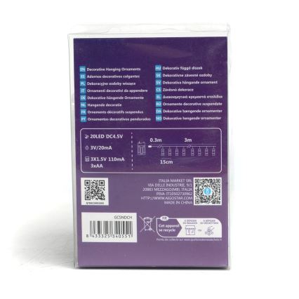 Aigostar - Guirlanda LED decorativa com mini pregadores, 20 LEDs, alimentação 3xAA, 3,3 m, branco quente