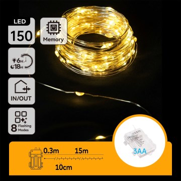 Aigostar - Guirlanda LED exterior 150 LEDs / 8 funções, 3x AA, 15,3 m, IP44, branco quente