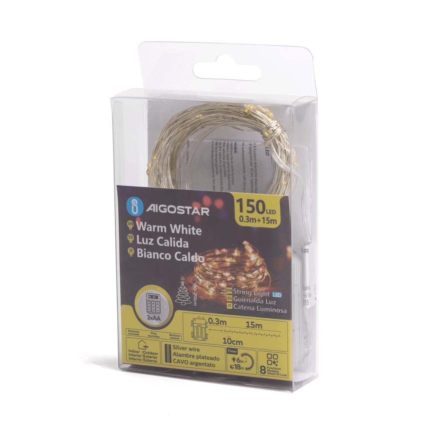 Aigostar - Guirlanda LED exterior 150 LEDs / 8 funções, 3x AA, 15,3 m, IP44, branco quente