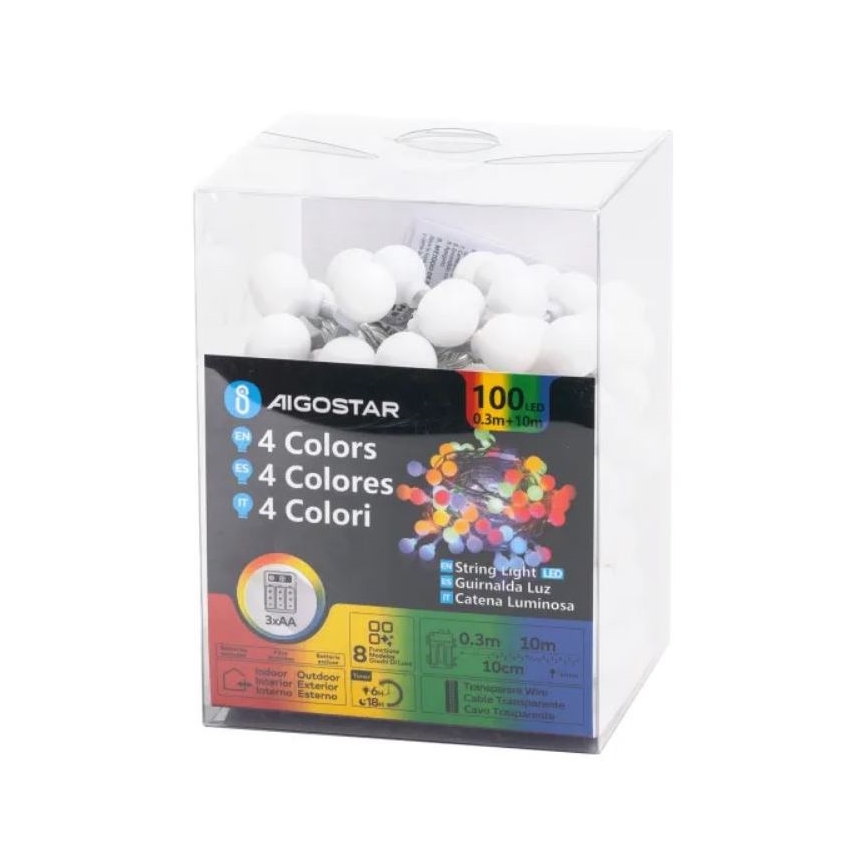 Aigostar - Guirlanda de luzes LED para exterior, 100 LEDs / 3xAA / 8 funções, 10,3 m, IP44, multicolorido