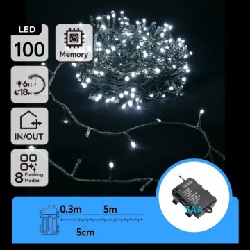 Aigostar - Guirlanda LED para exterior 100 LEDs / 8 funções, 3x pilhas AA, 5,3 m, IP44, branco frio