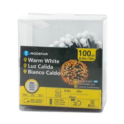 Aigostar - Guirlanda LED de Natal para exterior 100xLED/8 funções 3xAA 10,3m IP44 branco quente