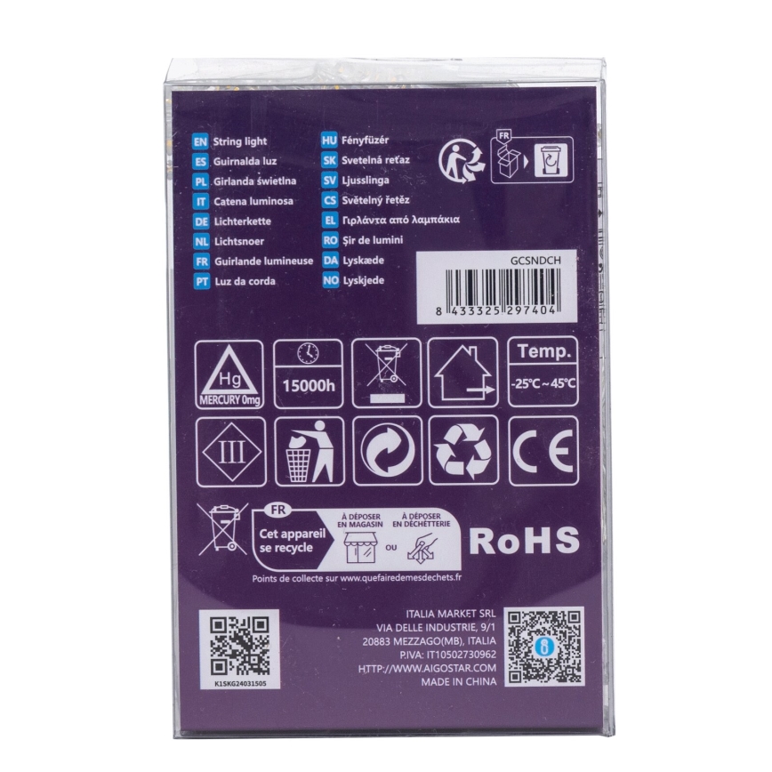 Aigostar - Guirlanda LED para exterior 100 LEDs/8 funções 3xAA 10,3m IP44 branco quente