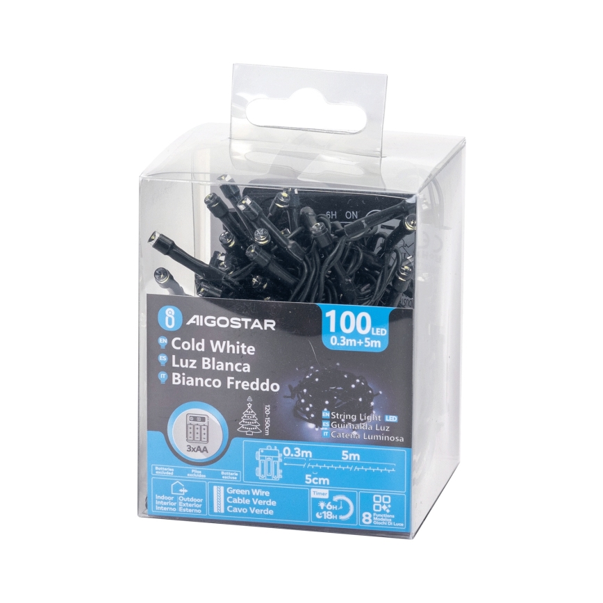 Aigostar - Guirlanda LED para exterior 100 LEDs / 8 funções, 3x pilhas AA, 5,3 m, IP44, branco frio