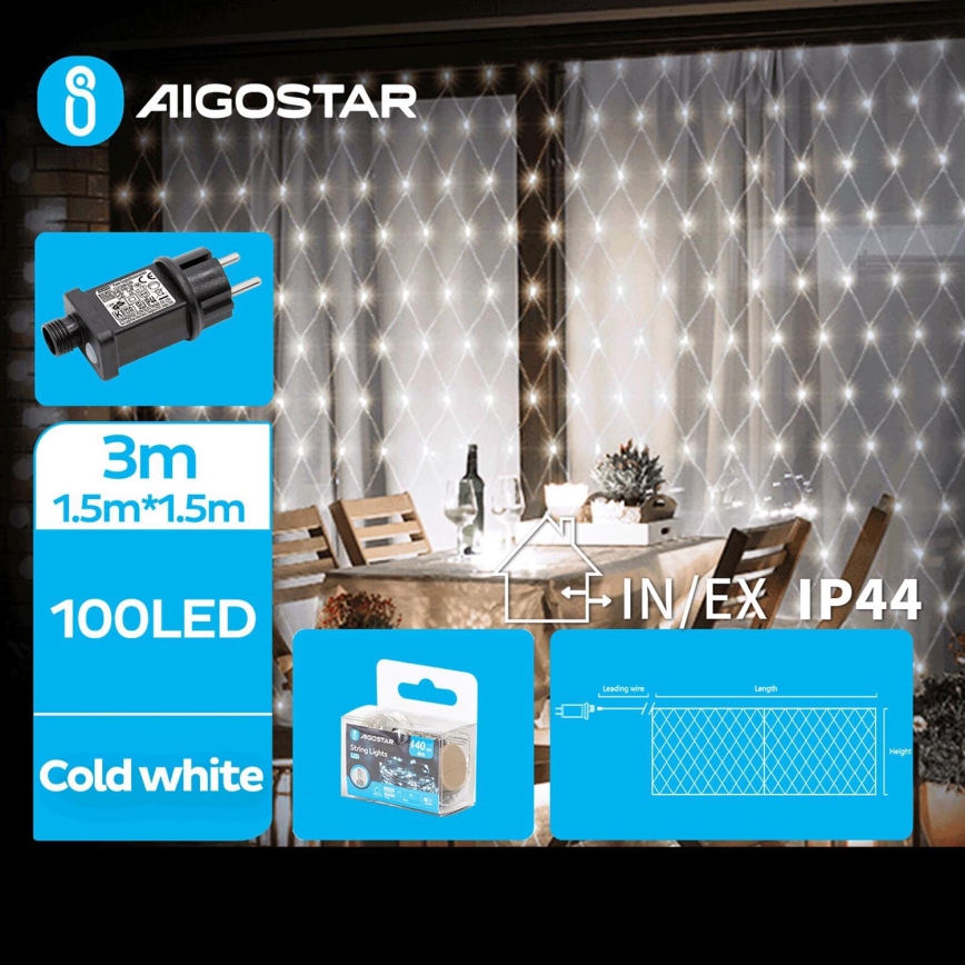 Aigostar - Guirlanda LED para exterior 100 LEDs/8 funções 4,5x1,5m IP44 branco frio