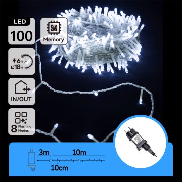 Aigostar - Guirlanda LED para exterior 100 LEDs / 8 modos 13 m IP44 branco frio