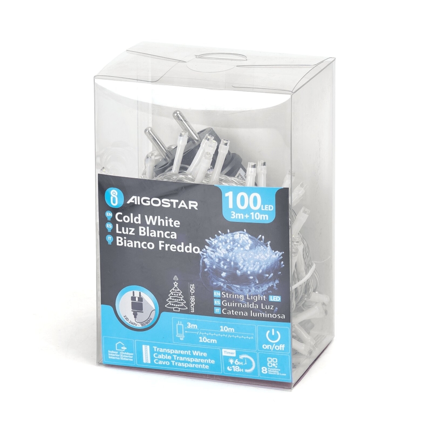 Aigostar - Guirlanda LED para exterior 100 LEDs / 8 modos 13 m IP44 branco frio