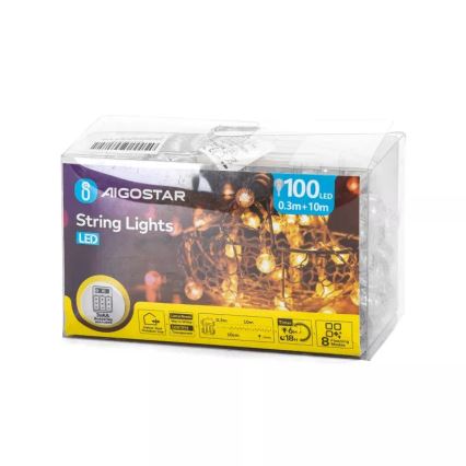 Aigostar - Cordão LED para exterior 100xLED/3xAA/8 funções 10,3 m IP44 branco quente