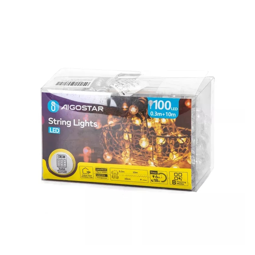 Aigostar - Cordão LED para exterior 100xLED/3xAA/8 funções 10,3 m IP44 branco quente