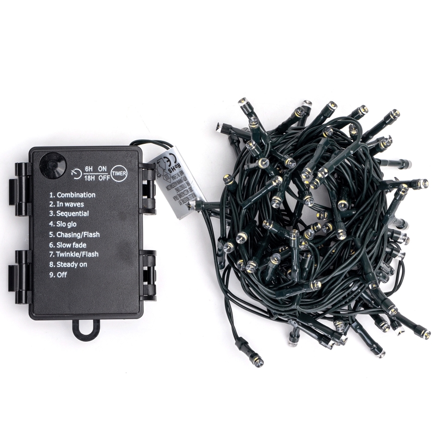 Aigostar - Cordão de luzes LED para exterior, 100 LEDs / 8 funções, 3xAA, 5,3 m, IP44, branco quente