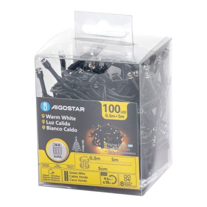 Aigostar - Cordão de luzes LED para exterior, 100 LEDs / 8 funções, 3xAA, 5,3 m, IP44, branco quente