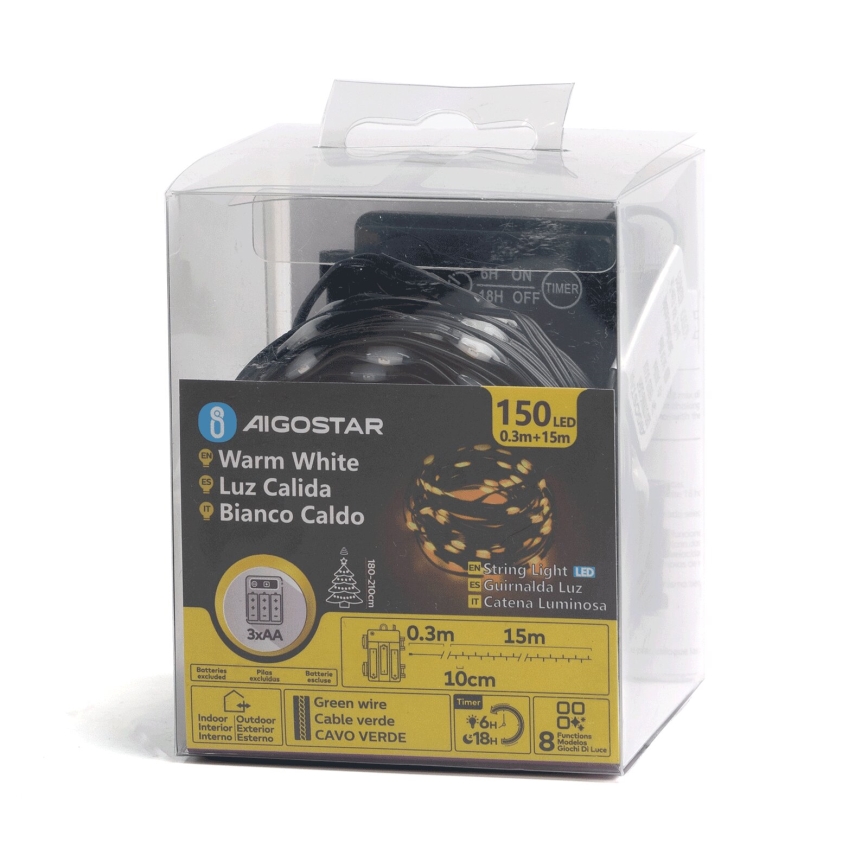 Aigostar - Guirlanda LED para exterior, 150 LEDs, 8 funções, alimentada por 3x AA, 15,3 m, IP44, branco quente
