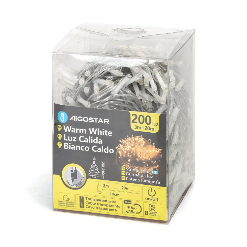 Aigostar - Guirlanda LED para exterior 200 LEDs/8 funções, 23 m, IP44, branco quente