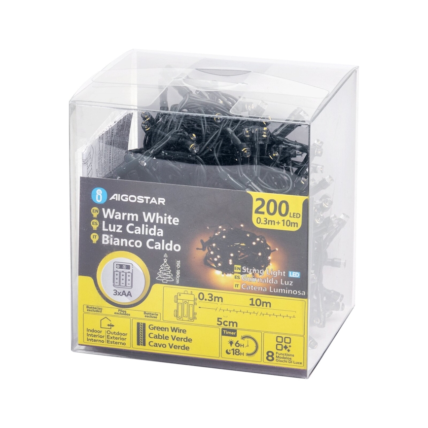 Aigostar - Guirlanda LED exterior 200 LEDs/8 funções, 3xAA, 10,3 m, IP44, branco quente