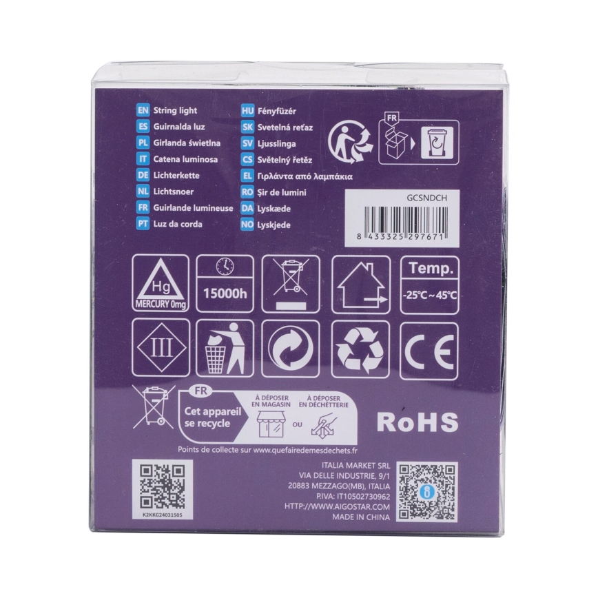 Aigostar - Guirlanda LED exterior 200 LEDs/8 funções, 3xAA, 10,3 m, IP44, branco quente